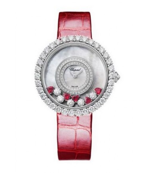 Chopard Happy Diamonds 18K White Gold, Rubies & Diamonds Ladies 204445-1006 fake watch