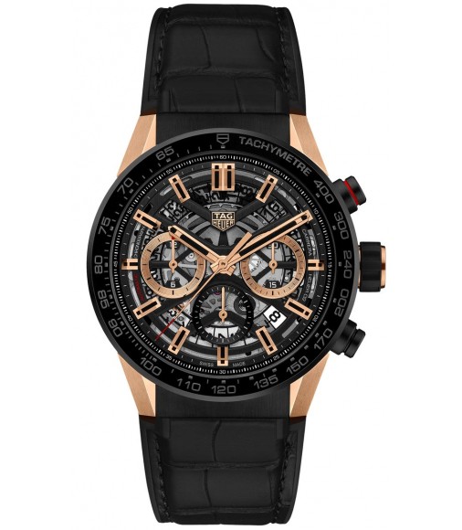 TAG Heuer Carrera Calibre Heuer 02 43 Rose Gold/Black Ceramic/Alligator Replica Watch