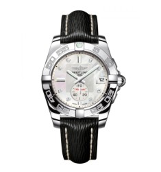 Breitling Galactic 36 Automatic Mother of Pearl Diamond Dial Black Leather Strap Women's