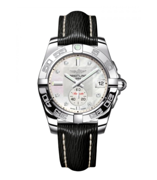 Breitling Galactic 36 Automatic Mother of Pearl Diamond Dial Black Leather Strap Women's
