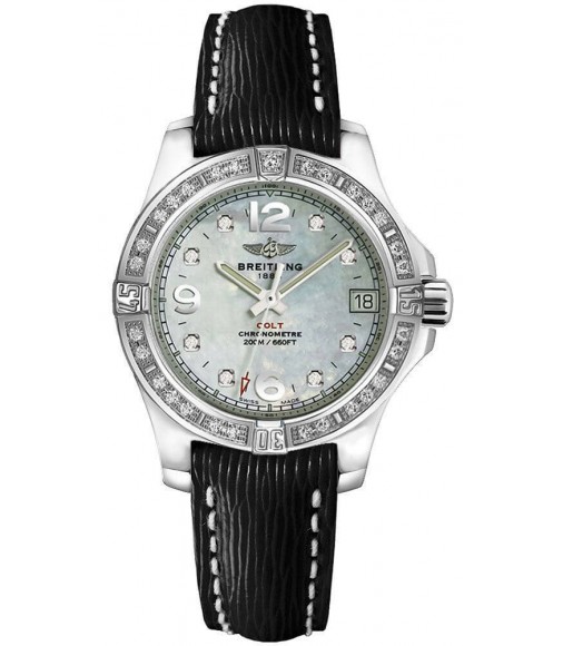 Breitling Colt Lady Mother of Pearl Diamond Dial Black Leather Strap Women's Replica Watch