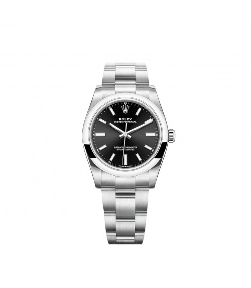 Copy Rolex Oyster Perpetual 34 Bright Black Dial Oyster Bracele Watch
