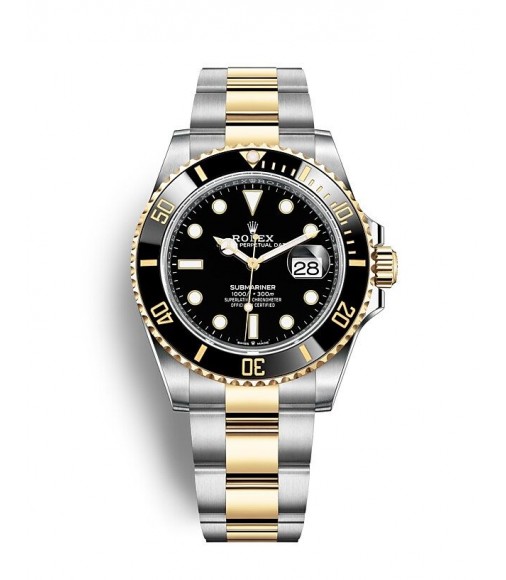 Copy Rolex Submariner Date Yellow Rolesor Black Cerachrom bezel 41mm Watch