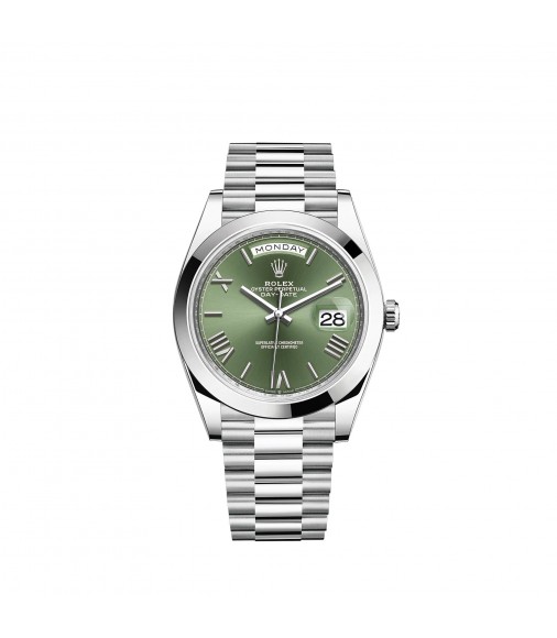 Copy Rolex Day-Date 40 Platinum olive green dial Smooth bezel Watch