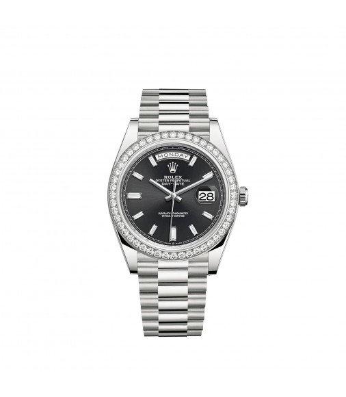 Copy Rolex Day-Date 40 18 ct white gold black diamond-set dial Watch
