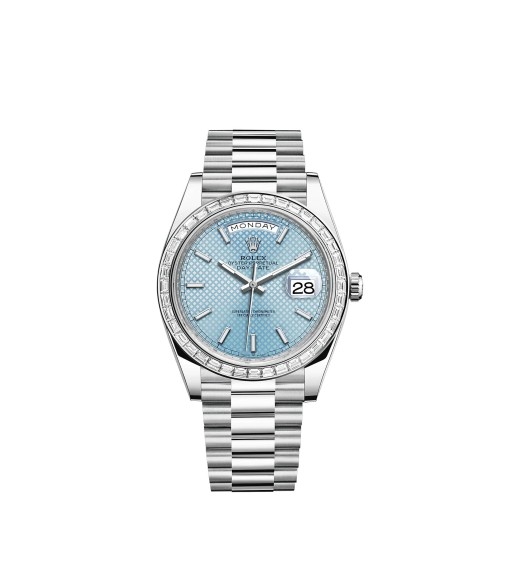 Copy Rolex Day-Date 40 Platinum blue diagonal-motif dial diamond-set bezel Watch