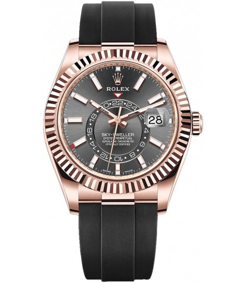 Copy Rolex Sky-Dweller 18 ct Everose gold slate dial Oysterflex Watch