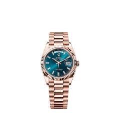 Rolex 128235-0085 Day-Date 36 Everose Gold, Blue-Green Dial, Baguette Diamonds, President Bracelet