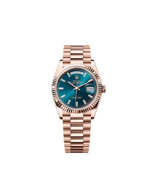 Rolex 128235-0085 Day-Date 36 Everose Gold, Blue-Green Dial, Baguette Diamonds, President Bracelet