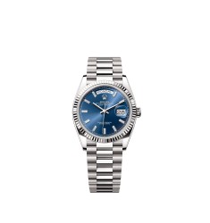 Rolex 128239-0069 Day-Date 36 White Gold Blue Dial Baguette President Bracelet