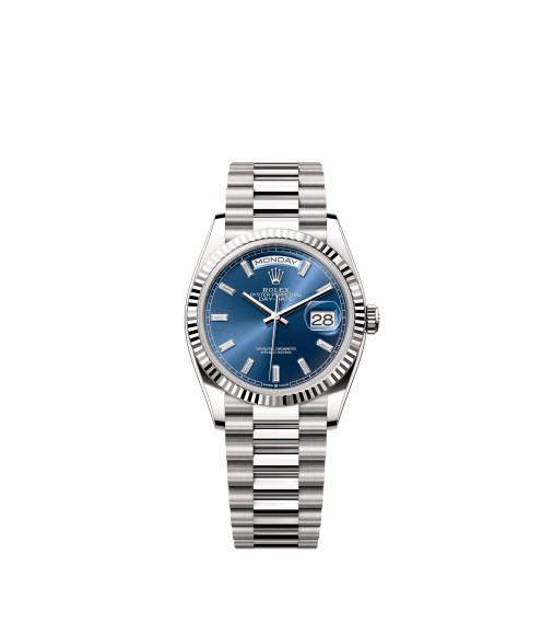 Rolex 128239-0069 Day-Date 36 White Gold Blue Dial Baguette President Bracelet