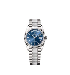 Rolex 128239-0070 Day-Date 36 White Gold Blue Dial Diamond Bezel