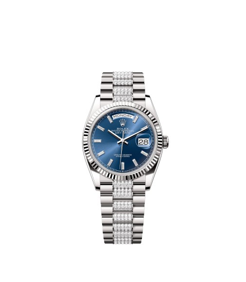 Rolex 128239-0070 Day-Date 36 White Gold Blue Dial Diamond Bezel