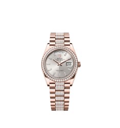 Rolex 128345RBR-0082 Day-Date 36 Everose Gold Diamond Silver Baguette President Watch