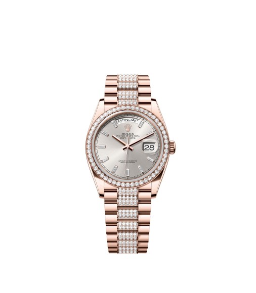 Rolex 128345RBR-0082 Day-Date 36 Everose Gold Diamond Silver Baguette President Watch