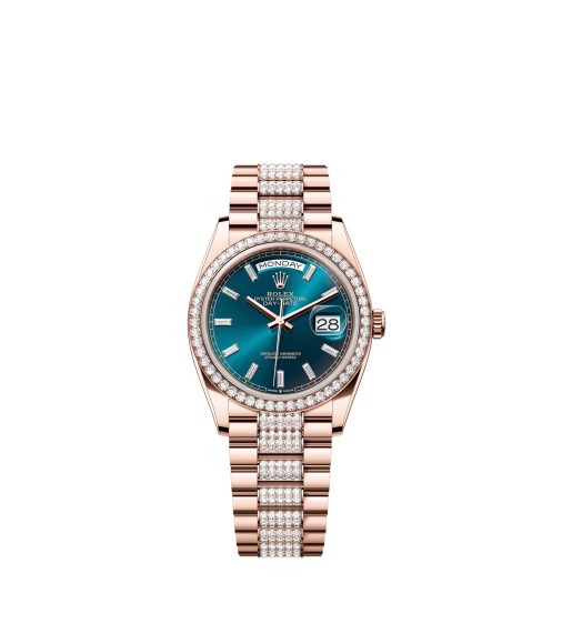 Rolex 128345RBR-0084 Day-Date 36 Everose Gold Diamond Blue-Green Baguette President Watch