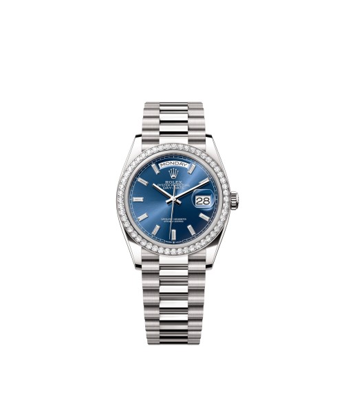 Rolex 128349RBR-0051 Day-Date 36 White Gold Diamond Blue Dial President Bracelet