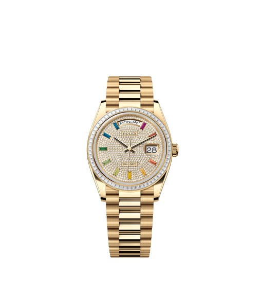 Rolex 128398TBR-0012 Day-Date 36 Yellow Gold Rainbow Baguette Paved President Watch