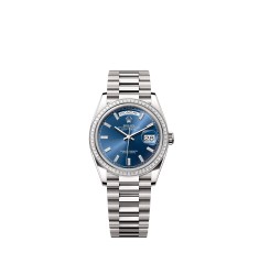 Rolex 128399TBR-0027 Day-Date 36 White Gold Blue Dial Diamond Bezel President Bracelet