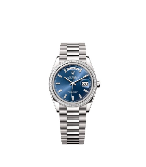Rolex 128399TBR-0027 Day-Date 36 White Gold Blue Dial Diamond Bezel President Bracelet
