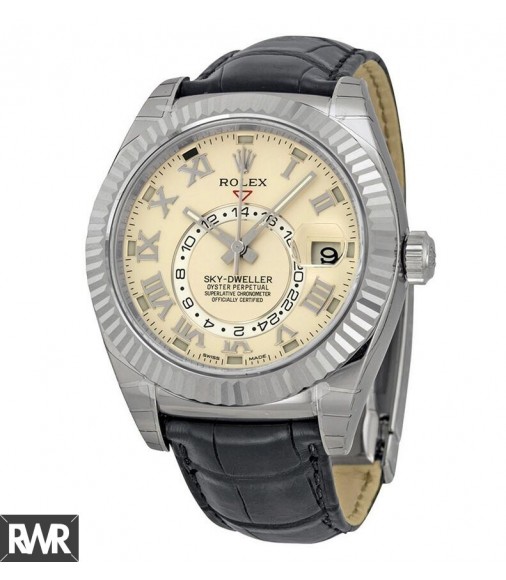 Replica Rolex Sky Dweller Ivory Dial Black Leather 326139IVRL