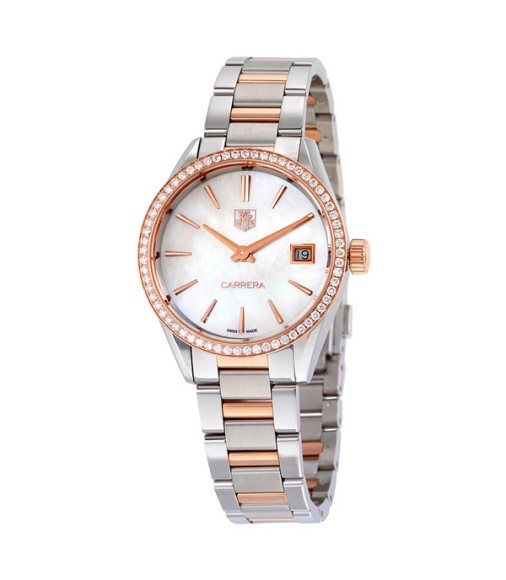 Tag Heuer Carrera Mother of Pearl Dial Diamond Bezel Steel and 18kt Rose Gold Ladies Watch WAR1353.BD0779 Replica