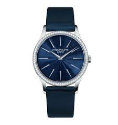 Patek Philippe Calatrava Blue Dial Diamond 18kt White Gold Ladies Watch Replica 4897G-001