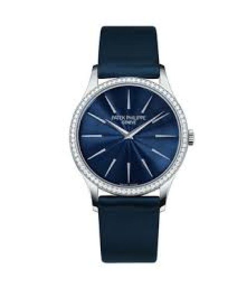 Patek Philippe Calatrava Blue Dial Diamond 18kt White Gold Ladies Watch Replica 4897G-001