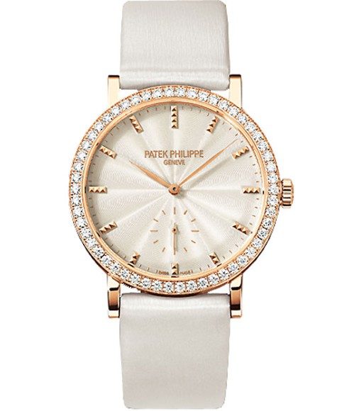 Patek Philippe Calatrava Cream Dial 18kt Rose Gold Diamond Bezel Satin Ladies Watch Replica 7120R