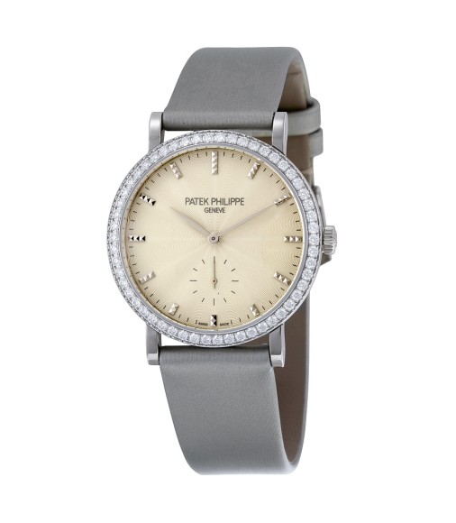Patek Philippe Calatrava Cream Guilloche Dial 18K White Gold Diamond Ladies Watch Replica 7120G-001