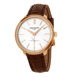 Patek Philippe Calatrava Silver Dial 18k Rose Gold Brown Leather Mens Watch Replica 5123R-001