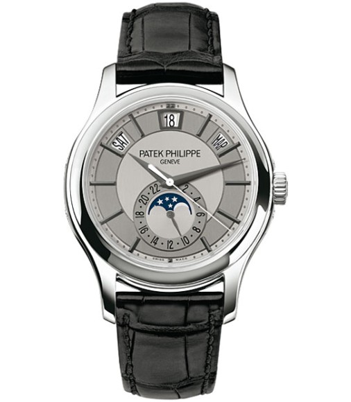 Patek Philippe Complications Grey Dial 18k White Gold Black Leather Mens Watch Replica 5205G-001