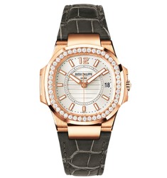 Patek Philippe Nautilus White Dial Black Leather Strap Ladies Watch Replica 7010R-001