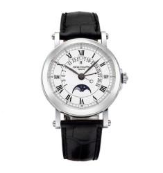 Patek Philippe Perpetual Calendar Silver Dial 18kt White Gold Black Leather Mens Watch Replica 5059G