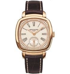 Patek Philippe Silver Dial 18kt Rose Gold Diamond Brown Leather Ladies Watch Replica 7041R