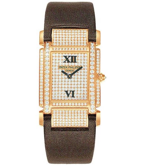 Patek Philippe Twenty-4  18kt Rose Gold Diamond Dial Satin Strap Ladies Watch Replica 4910R