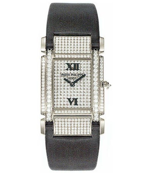 Patek Philippe Twenty-4 18kt White Gold Diamond Dial Satin Strap Ladies Watch Replica 4910G