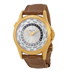 Patek Philippe World Time Silver Dial 18kt Yellow Gold Brown Leather Mens Watch Replica 5130J