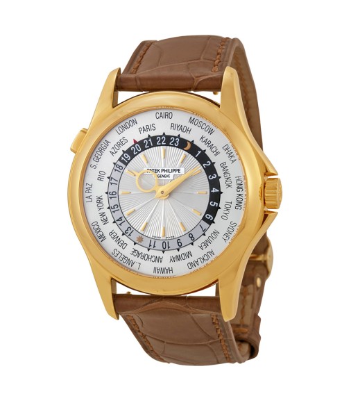 Patek Philippe World Time Silver Dial 18kt Yellow Gold Brown Leather Mens Watch Replica 5130J