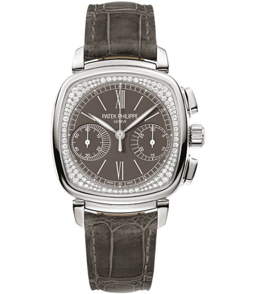 Patek Philippe Complications Pale Grey Dial Pale Grey Leather Ladies Watch Replica 7071G-010