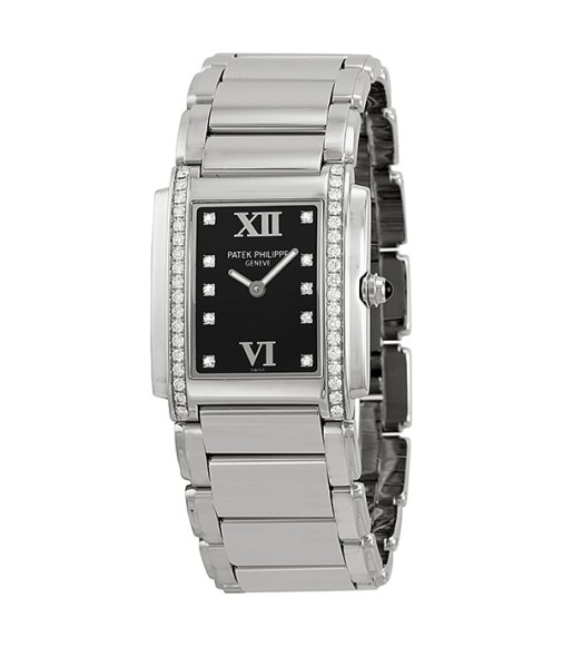 Patek Philippe Twenty-4 Black Dial Steel Diamond Ladies Watch Replica 4910-10A-001